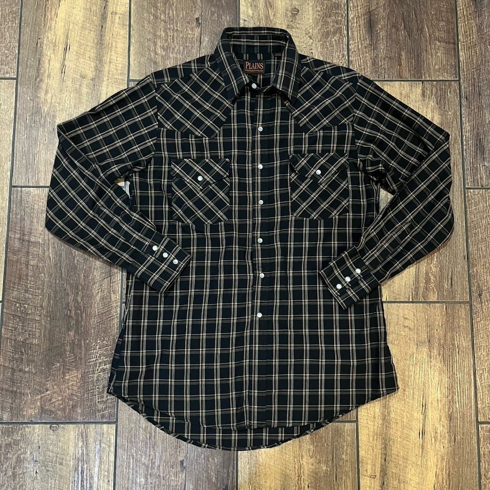 Plains Western Shirt Mens Medium Black Pearl Snap Striped Western Cowboy Rodeo